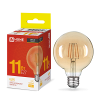 Лампа LED IN HOME GL95-deco gold филаментная, 11 Вт, Е27, 3000 К, 230 В, 1040 лм (прозрачная, золотистая)