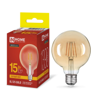 Лампа LED IN HOME GL125-deco gold филаментная, 15 Вт, Е27, 3000 К 230 В, 1390 лм (прозрачная, золотистая)
