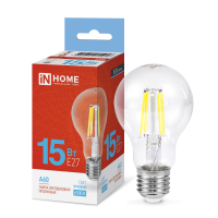 Лампа LED IN HOME А60-deco филаментная, 15 Вт, Е27, 6500 К, 230 В, 1480 лм (прозрачная)
