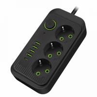 Удлинитель AMPER, 3 розетки + 4 USB + 1 TYPE-C, 4 м, ПВС 3х0,75, чёрный