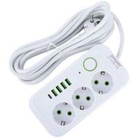 Удлинитель AMPER, 3 розетки + 4 USB + 1 TYPE-C, 4 м, ПВС 3х0,75, белый
