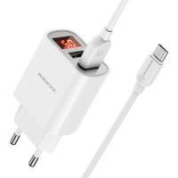 Зарядное устройство сетевое, 2хUSB, 220 В, белое, 2,4 А, дисплей: напряжение/сила тока + кабель MicroUSB