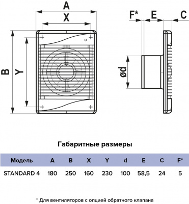 Вентилятор ERA "STANDARD 4S C", Ø100 мм, обратный клапан, рамка - 180x250 мм, 100 м³/ч, 35 дБ