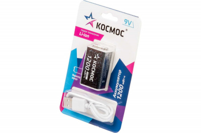 Аккумулятор крона КОСМОС 6LR61, 1200 mA, 9 В, Li-ion