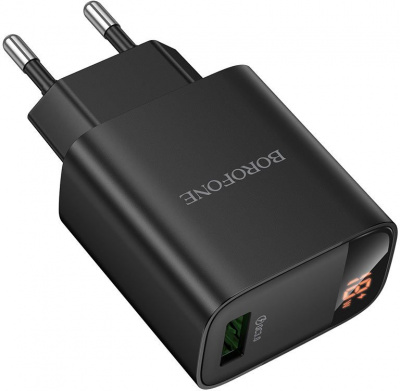 Зарядное устройство сетевое, 1хUSB, 220 В, чёрное, 2,4 А, дисплей: напряжение/сила тока