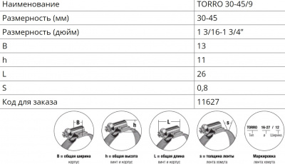 Хомут червячный NORMA "TORRO" 30-45/9, оцинкованная сталь