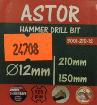 Бур по бетону ASTOR PGM SDS Plus сверхтвёрдая пластина Ø12 мм, L-210 мм