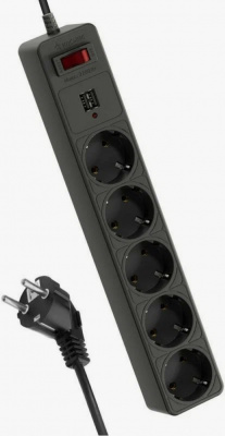 Фильтр сетевой КОСМОС, 5 розеток, 1,8 метра, 2xUSB, чёрный, 10А (ПВС 3х0,75)