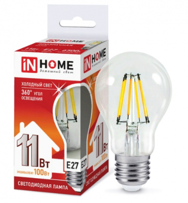 Лампа LED IN HOME А60-deco филаментная, 11 Вт, Е27, 6500 К, 230 В, 990 лм, прозрачная