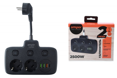 Удлинитель amper T2435B, 2 розетки, 3xUSB, 1xType-C, 0,2 м, 3 кнопки, чёрный, 10А, 3х0,75 мм
