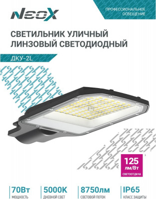 Светильник уличный LED NEOX ДКУ-02L, 70 Вт, 5000 К, 125 лм/Вт, IP65, 8750 лм
