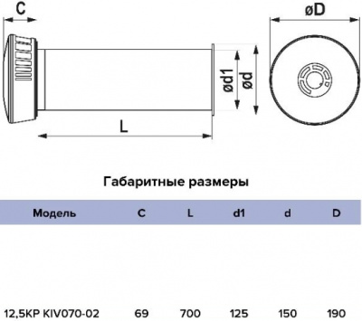 Клапан приточный KP KIV, Ø125 мм, L-0,7 м, с фильтрующим оголовком и регулировкой объёма воздуха