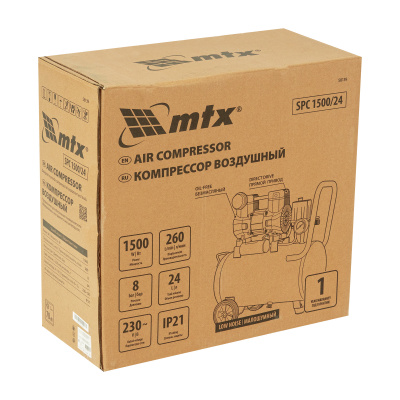 Компрессор MTX SPC 1500/24, 1500 Вт, 24 л, 260 л/мин, безмасляный, малошумный