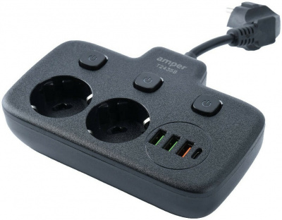 Удлинитель amper T2435B, 2 розетки, 3xUSB, 1xType-C, 0,2 м, 3 кнопки, чёрный, 10А, 3х0,75 мм