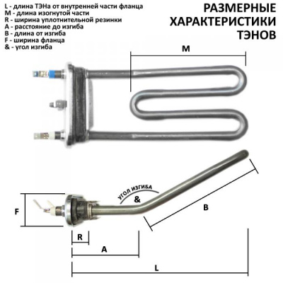 Нагревательный элемент (ТЭН) 1950 Вт, А53 мм, В155 мм, 25°, изогнутый