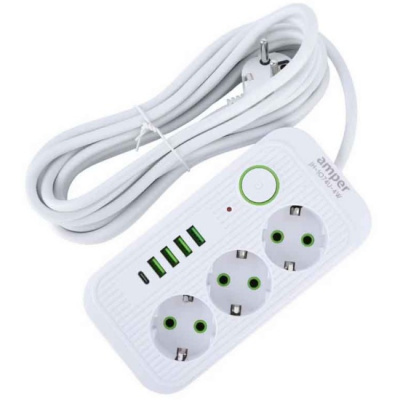 Удлинитель AMPER, 3 розетки + 4 USB + 1 TYPE-C, 4 м, ПВС 3х0,75, белый