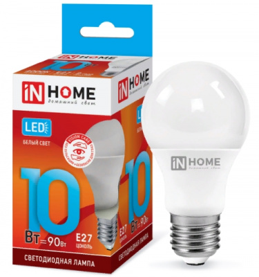 Лампа LED IN HOME A60-VC, 10 Вт, Е27, 4000 К, 230 В, 900 лм