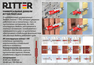 Дюбель универсальный RITTER PROFI DUO, нейлон + ПП, 8х65 мм
