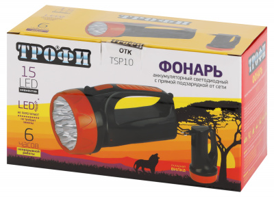 Фонарь-прожектор ТРОФИ LED TSP10, 2 режима (аккум., 15LED, вилка 220В)