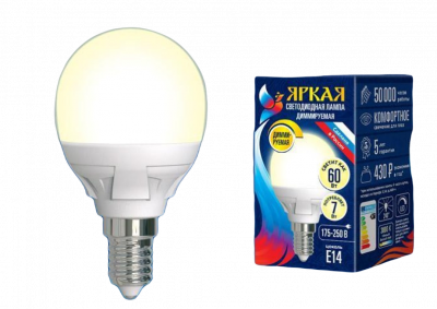 Лампа Uniel LED G45, Е27, 7 Вт, 3000 К, матовая, диммируемая