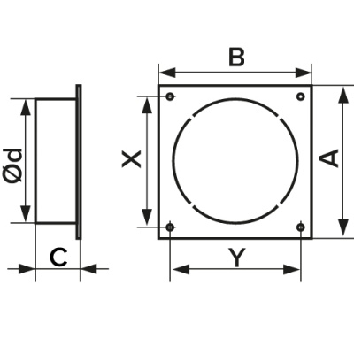 d - 100 мм, A - 113 мм, B - 113 мм, C - 28,5 мм, X - 85 мм, Y - 85 мм