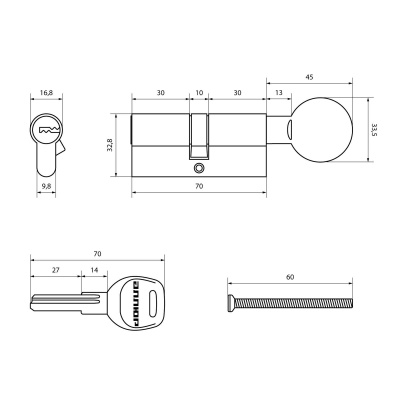Механизм  цилиндровый Аллюр HD FG 70-5К CP (35+35G) хром, перф.ключ/вертушка