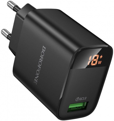 Зарядное устройство сетевое, 1хUSB, 220 В, чёрное, 2,4 А, дисплей: напряжение/сила тока
