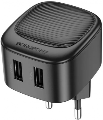 Зарядное устройство сетевое, 2хUSB, 220В, 2,1А, штекер сбоку, чёрное
