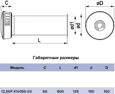 Клапан приточный KP KIV, Ø125 мм, L-0,5 м, с фильтрующим оголовком и регулировкой объёма воздуха (теплоизоляция из вспененного полиэтилена)