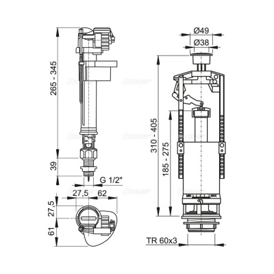 Арматура для бачка AlcaPlast, нижняя подводка, 1/2", старт/стоп