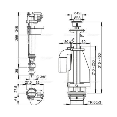 Арматура для бачка AlcaPlast, нижняя подводка, 1/2", двойной слив