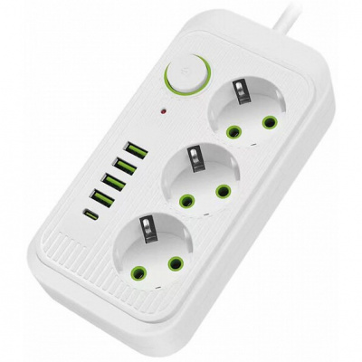 Удлинитель AMPER, 3 розетки + 4 USB + 1 TYPE-C, 4 м, ПВС 3х0,75, белый