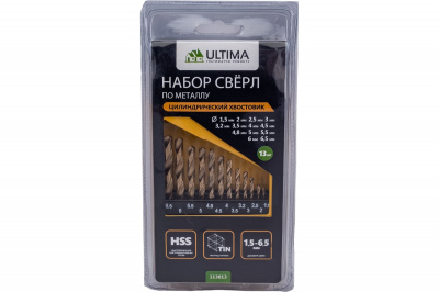 Набор свёрл по металлу ULTIMA, Ø1,5-6,5 мм (через 0,5 мм + 3,2 мм, 4,8 мм), HSS, 13 штук