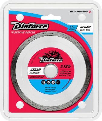 Диск алмазный Diaforce CERAM ULTRA SLIM, 125х22,23 мм, толщина реза 1,1 мм, ультра-тонкий, влажный рез, 12200 об/мин