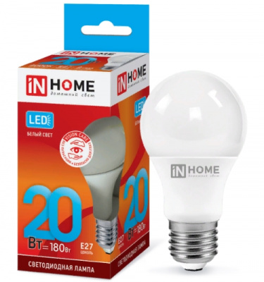 Лампа LED IN HOME A65-VC, 20 Вт, Е27, 4000 К, 230 В, 1800 лм