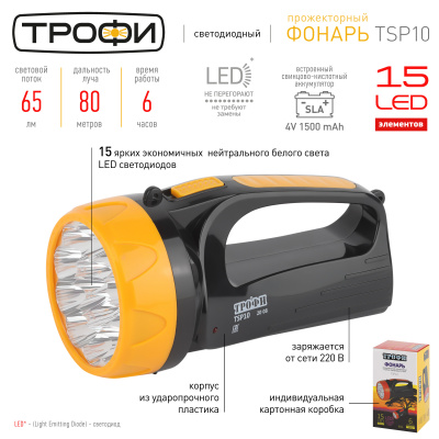 Фонарь-прожектор ТРОФИ LED TSP10, 2 режима (аккум., 15LED, вилка 220В)